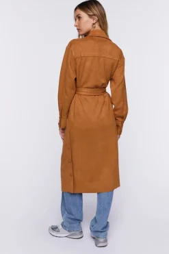 Faux Suede Belted Trench Coat