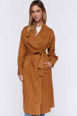Faux Suede Belted Trench Coat