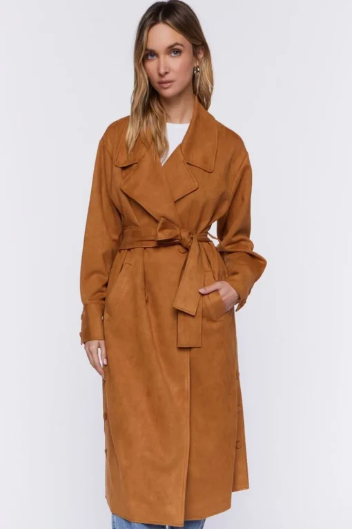 Faux Suede Belted Trench Coat