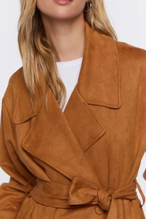 Faux Suede Belted Trench Coat