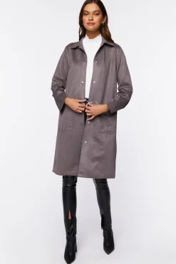 Faux Suede Button-Front Duster Coat