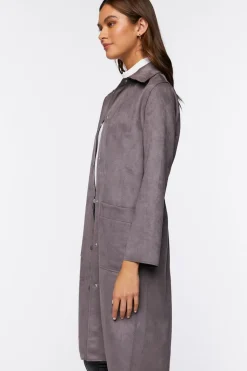 Faux Suede Button-Front Duster Coat