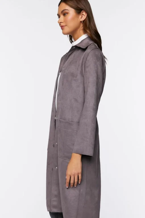 Faux Suede Button-Front Duster Coat