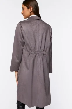 Faux Suede Button-Front Duster Coat