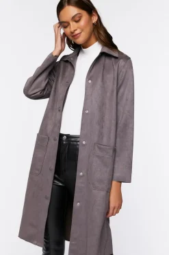 Faux Suede Button-Front Duster Coat