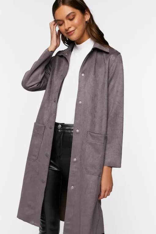 Faux Suede Button-Front Duster Coat