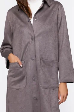 Faux Suede Button-Front Duster Coat