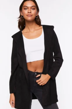 Faux Suede Hooded Longline Jacket