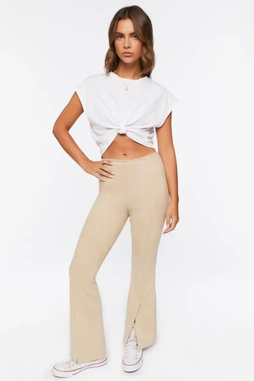 Faux Suede Split-Hem Flare Pants