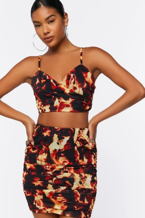 Flame Print Cropped Cami & Mini Skirt Set
