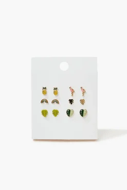 Flamingo & Leaf Charm Stud Earrings