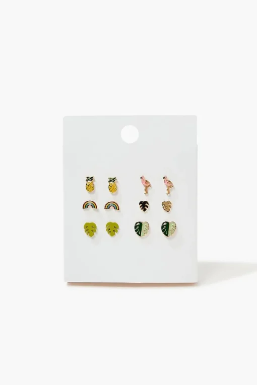 Flamingo & Leaf Charm Stud Earrings
