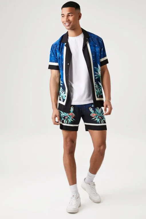 Floral & Sky Print Drawstring Shorts