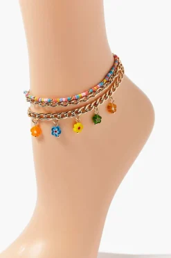 Floral Charm Beaded Anklet Set