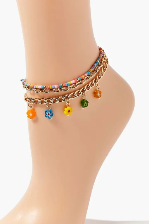 Floral Charm Beaded Anklet Set