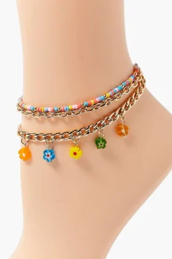 Floral Charm Beaded Anklet Set