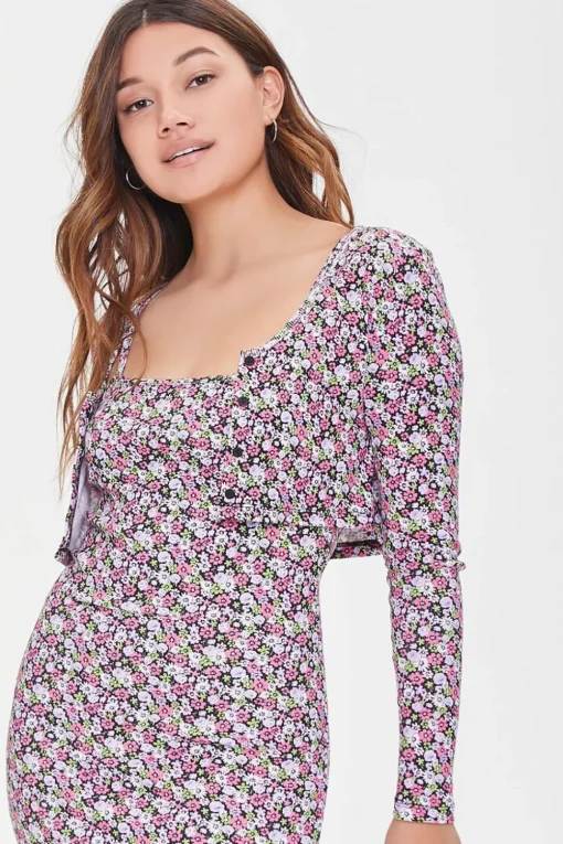 Floral Dress & Cardigan Sweater Set