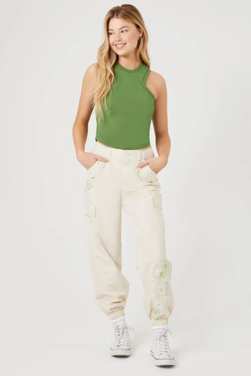 Floral Embroidered Cargo Joggers