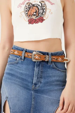 Floral Embroidered Faux Leather Belt