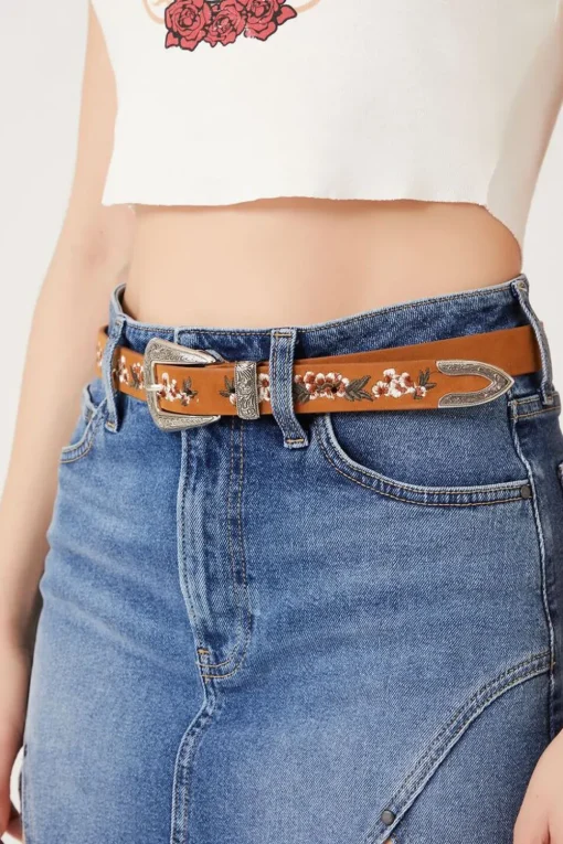 Floral Embroidered Faux Leather Belt