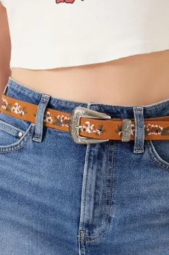 Floral Embroidered Faux Leather Belt