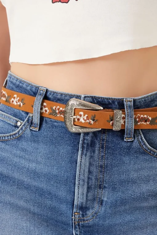 Floral Embroidered Faux Leather Belt