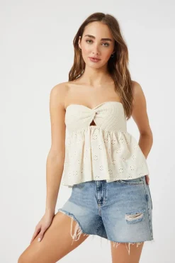 Floral Eyelet Twisted Strapless Top