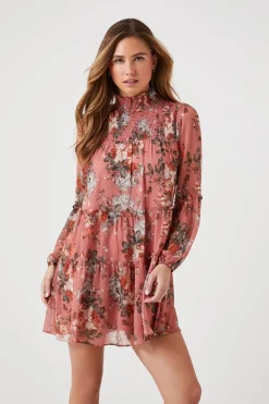 Floral Mock Neck Tiered Mini Dress