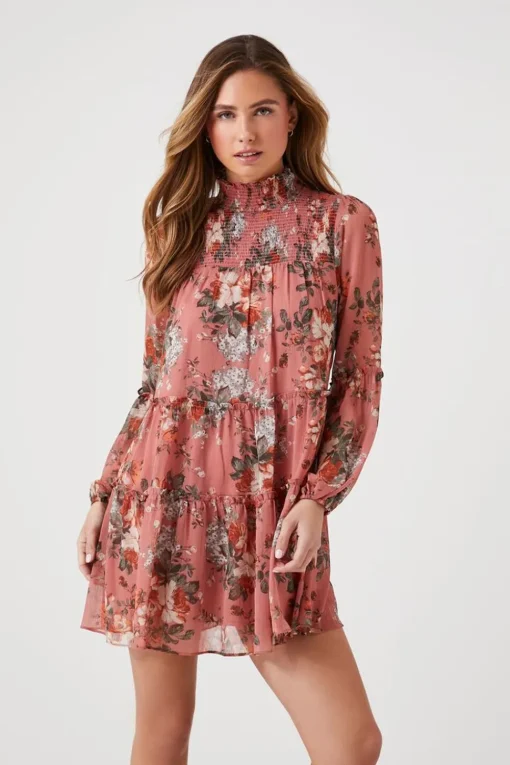 Floral Mock Neck Tiered Mini Dress