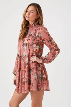 Floral Mock Neck Tiered Mini Dress