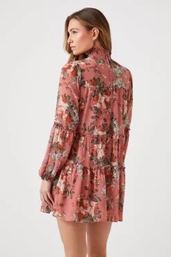 Floral Mock Neck Tiered Mini Dress