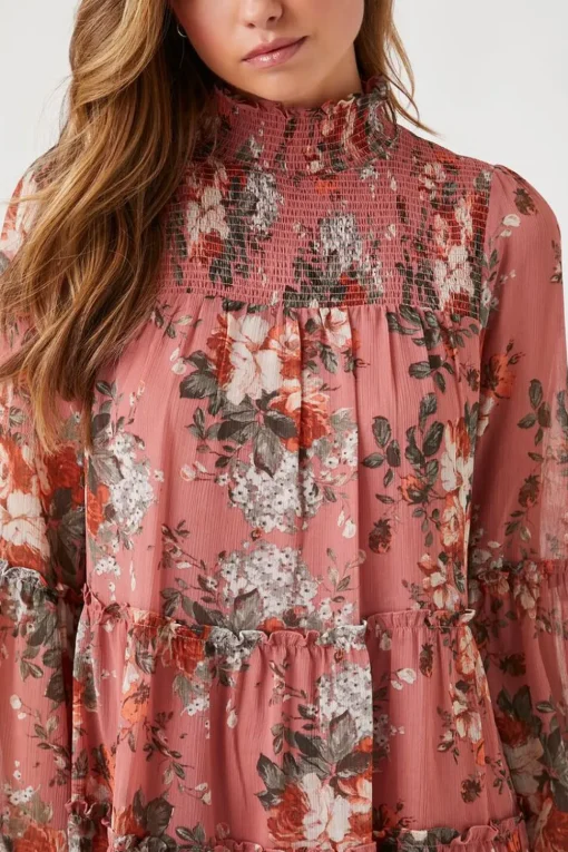 Floral Mock Neck Tiered Mini Dress