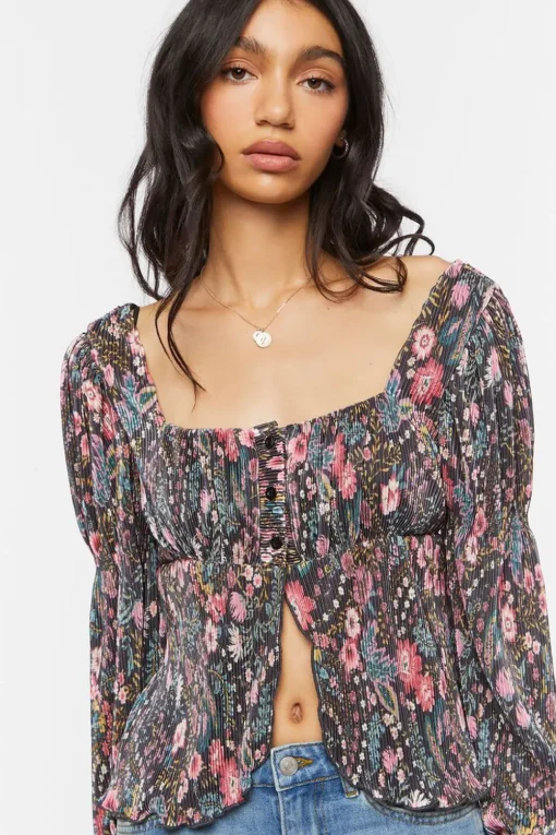 Floral Plisse Split-Front Top
