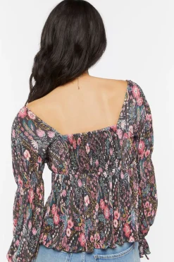 Floral Plisse Split-Front Top