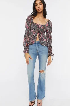 Floral Plisse Split-Front Top