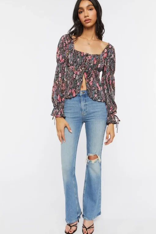 Floral Plisse Split-Front Top