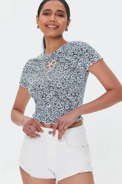 Floral Print Cutout Cropped Tee