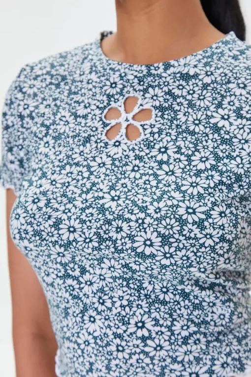 Floral Print Cutout Cropped Tee