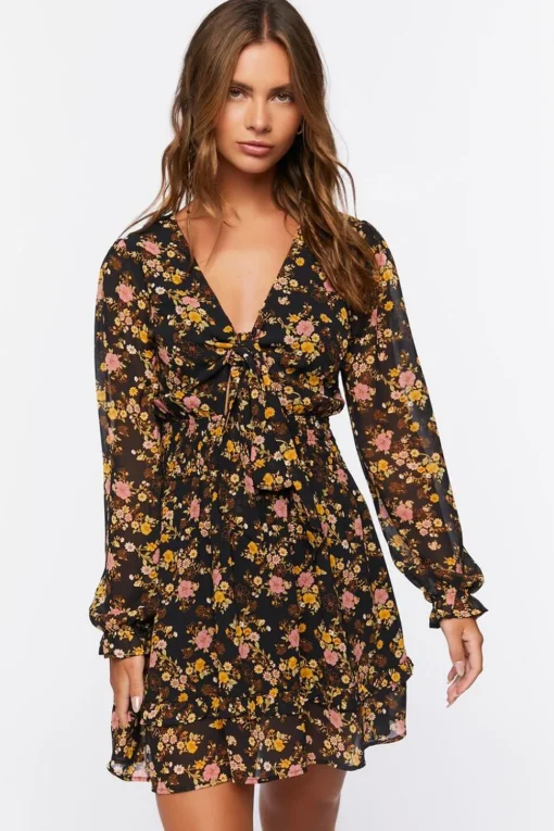 Floral Print Peasant Sleeve Dress