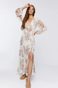 Floral Print Peasant-Sleeve Maxi Dress