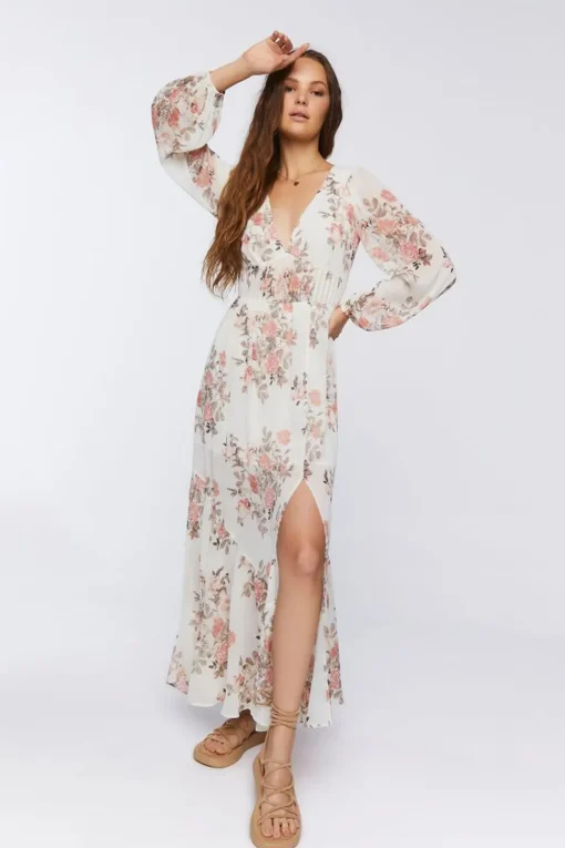 Floral Print Peasant-Sleeve Maxi Dress