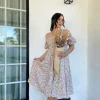 Floral Print Puff-Sleeve Midi Dress