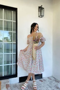 Floral Print Puff-Sleeve Midi Dress