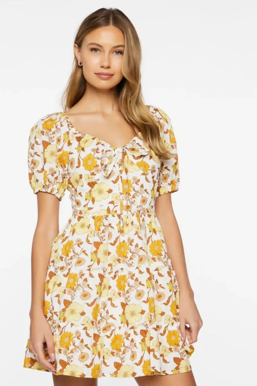 Floral Print Puff-Sleeve Mini Dress