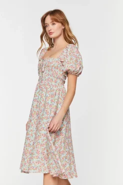 Floral Print Puff-Sleeve Midi Dress
