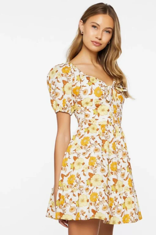 Floral Print Puff-Sleeve Mini Dress