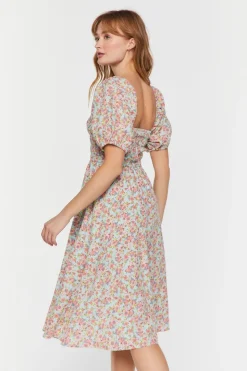 Floral Print Puff-Sleeve Midi Dress