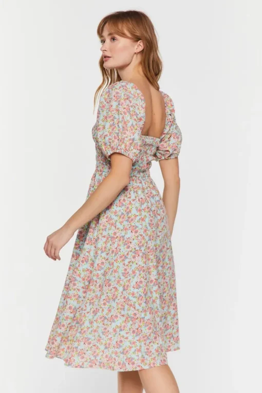 Floral Print Puff-Sleeve Midi Dress