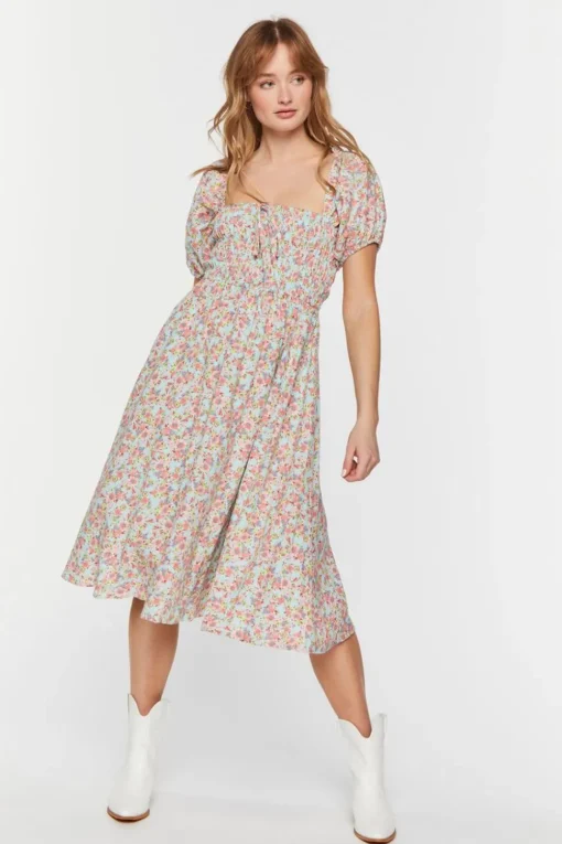 Floral Print Puff-Sleeve Midi Dress