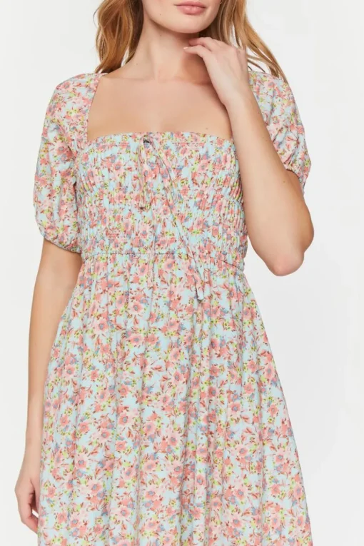 Floral Print Puff-Sleeve Midi Dress